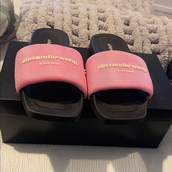 Alexander Wang Shoes - Alexander Wang Pink and Black Logo Slide Sandals